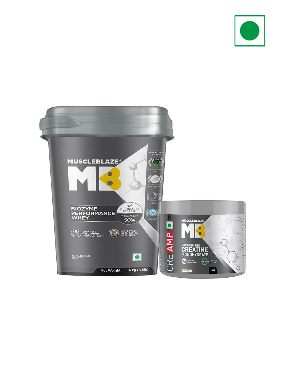 MuscleBlaze Set Of 2 Biozyme Performance Whey & Creatine Monohydrate - 4kg & 100g