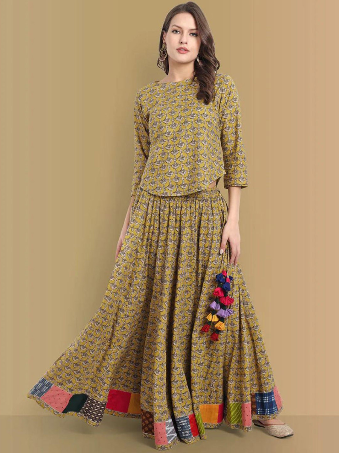 Mera Rang Printed Cotton Top With Long Flared Skirt Co-Ords