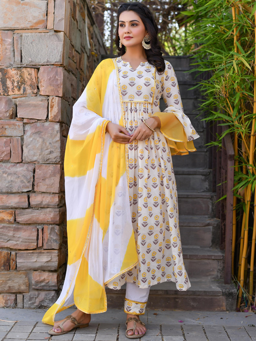 Anastay Clothing Women Pure Cotton Silk Chiffon White and Yellow Kurti Set