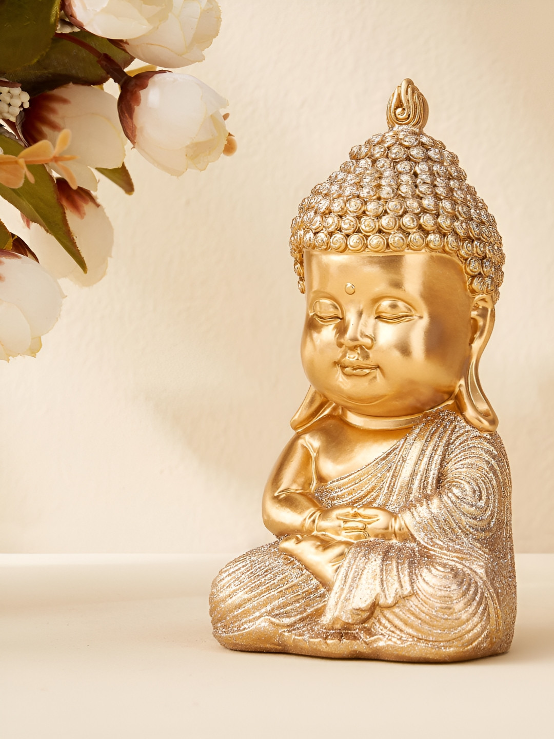 Home Centre Sitting Baby Buddha Gold Polyresin Natural Living Room Small Showpiece - 5.6 Inches