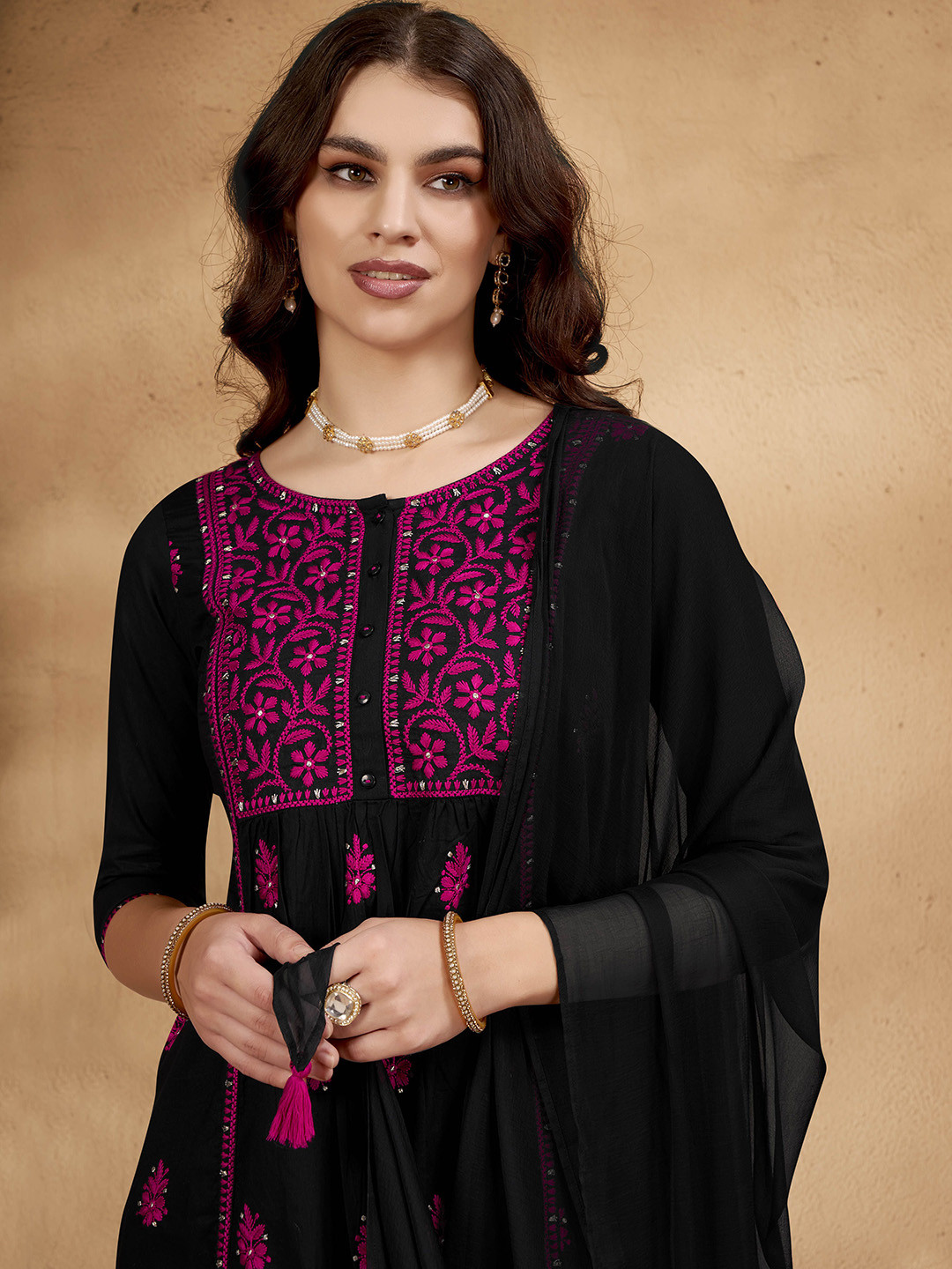 Anouk Black and Pink Floral Embroidered Thread Work Pure Cotton Straight Kurta Set