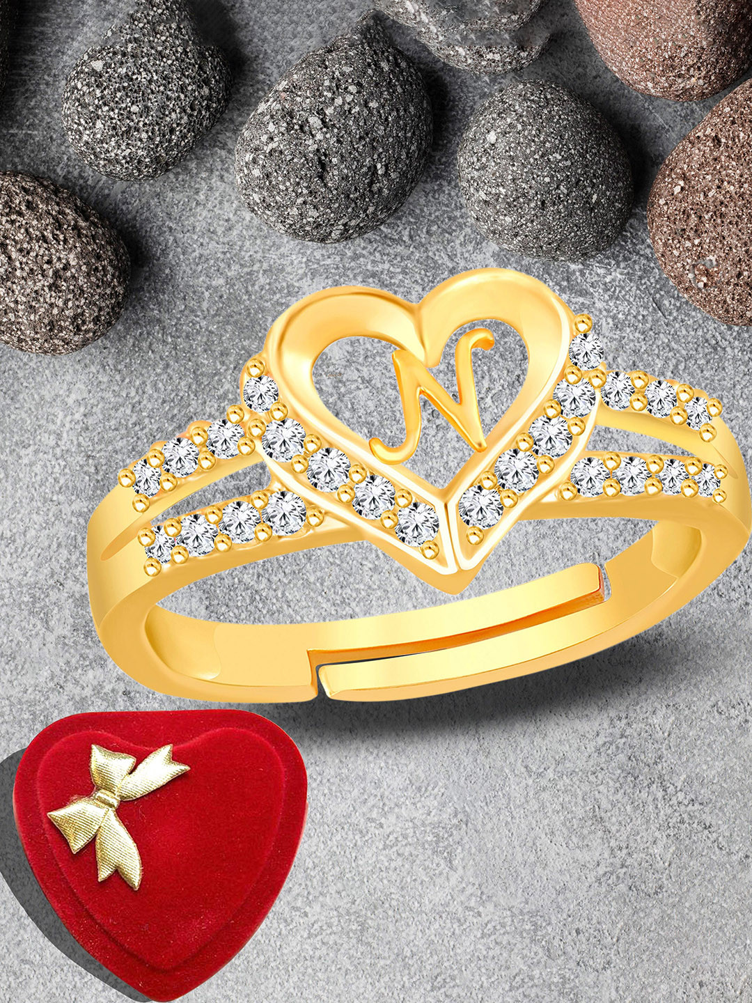 Lila Gold-Plated American Diamond Studded Alphabet N Heart-Shaped Adjustable Finger Ring