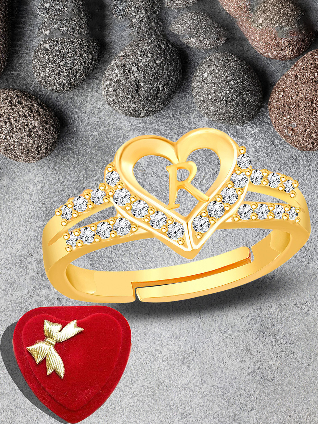 Lila Gold-Plated American Diamond Studded R Alphabet Detail Adjustable Finger Ring