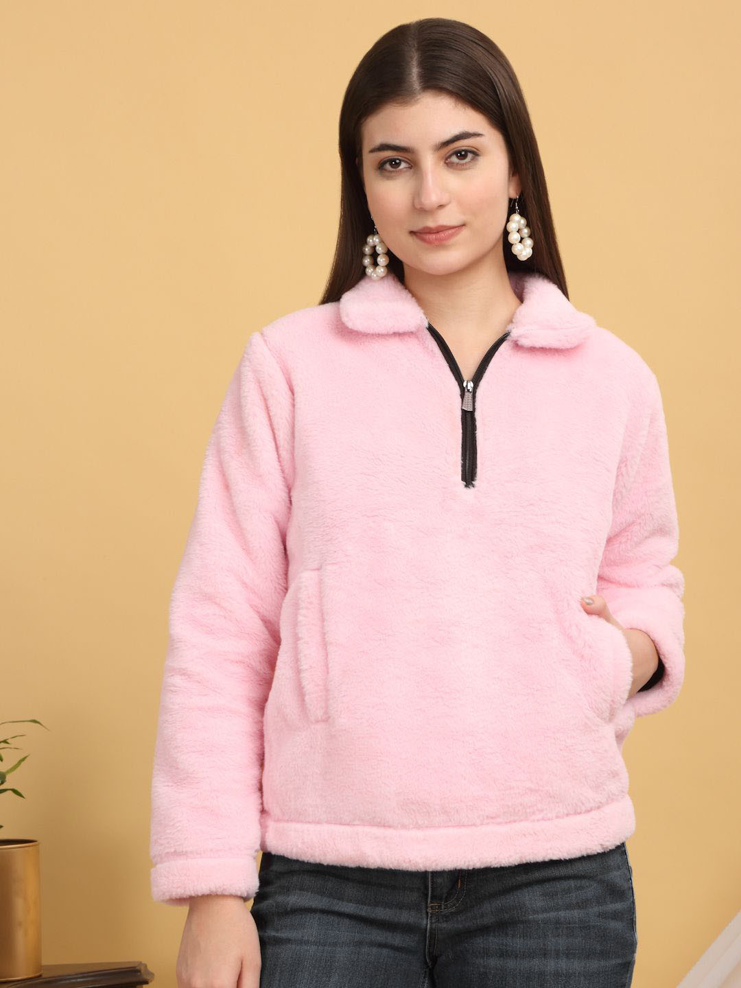 KLOTTHE Women Solid Faux fur trim Spread Collar Long Sleeves Wool Jacket