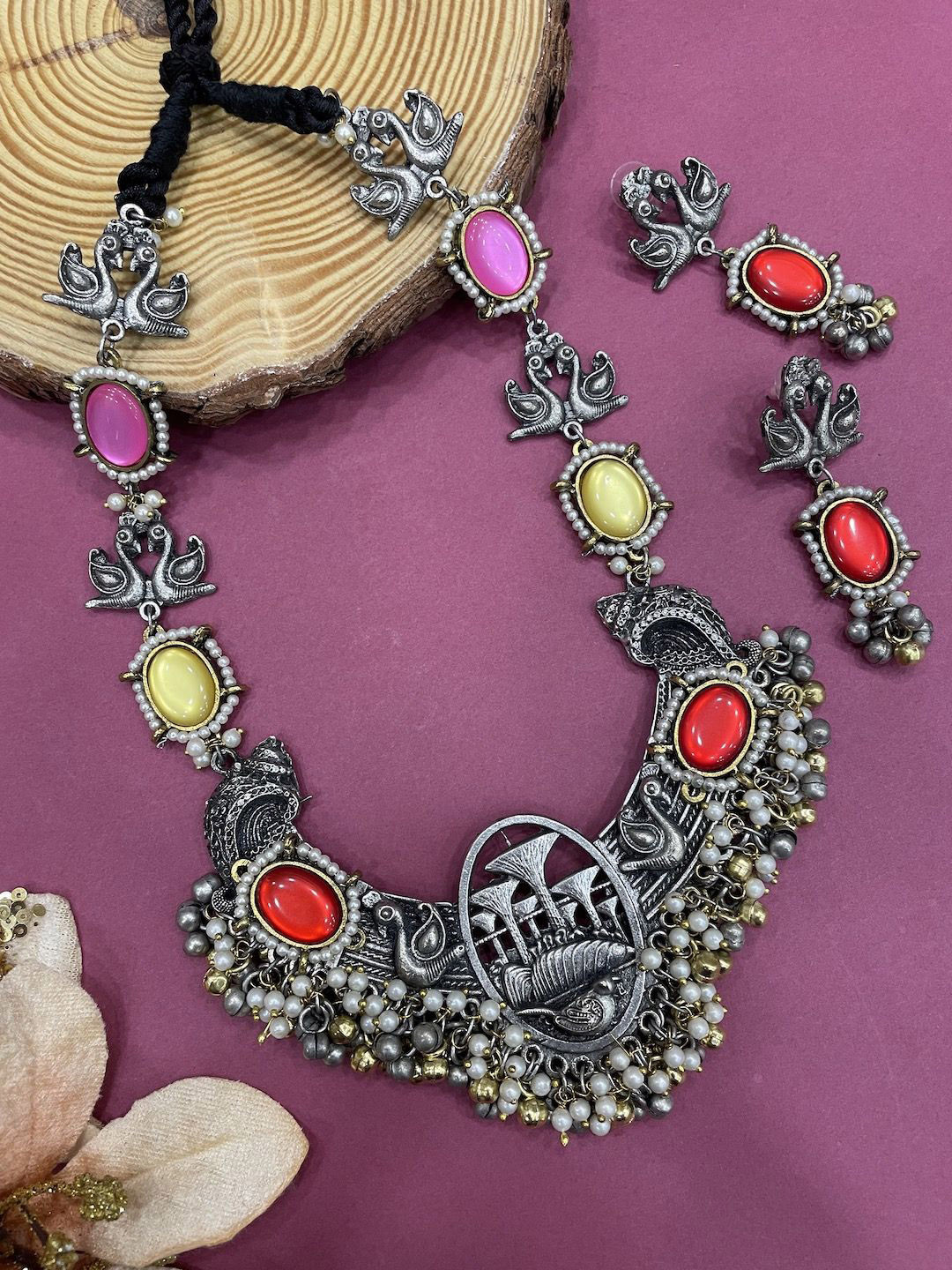 Digital Dress Room Silver Plated Stone & Beaded Studded Peacock Design Necklace & Earrings