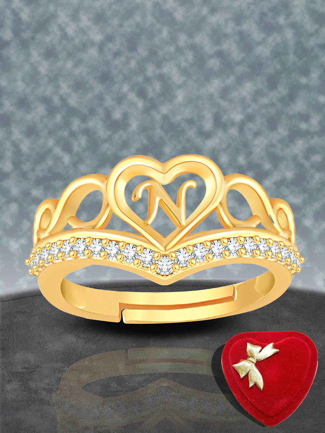 Lila Gold-Plated American Diamond Stone Studded Alphabet N Adjustable Finger Ring