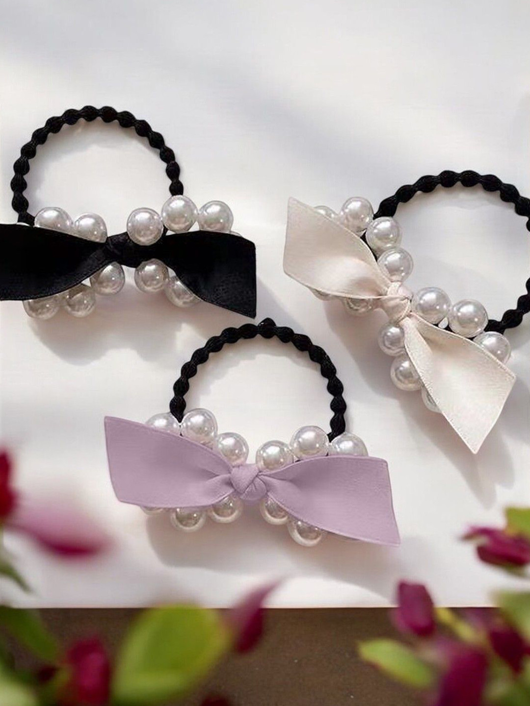 fabula Girls Set of 3 Satin Bow & Pearls Embellished Ponytail Holders