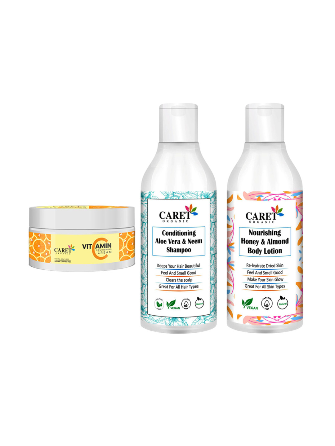 CARET ORGANIC Vitamin C Cream & Aloevera Neem Shampoo & Honey Almond Body Lotion Combo