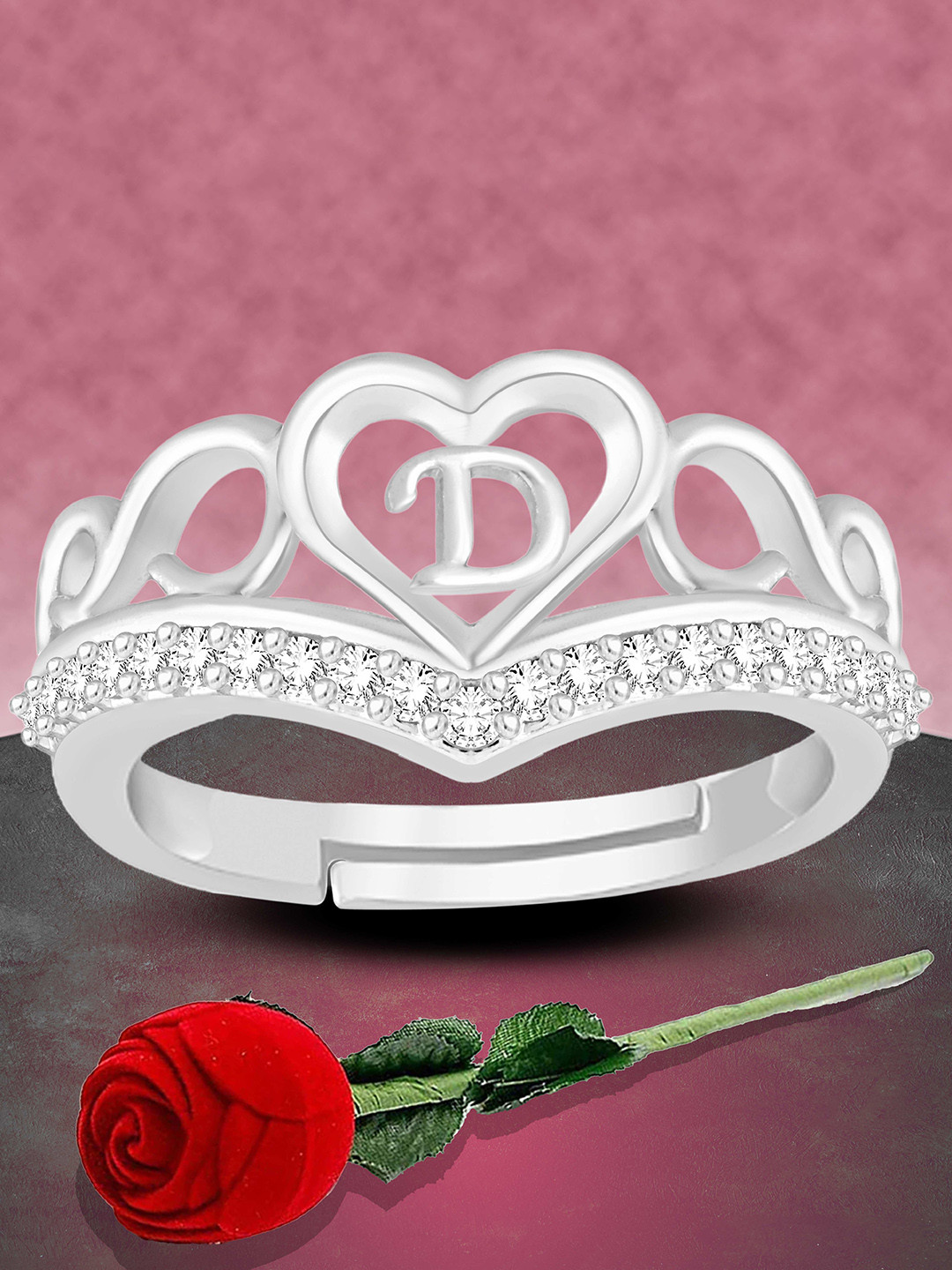 Heer Collection Unisex Silver-Plated AD Studded & D Alphabet Detail Adjustable Finger Ring