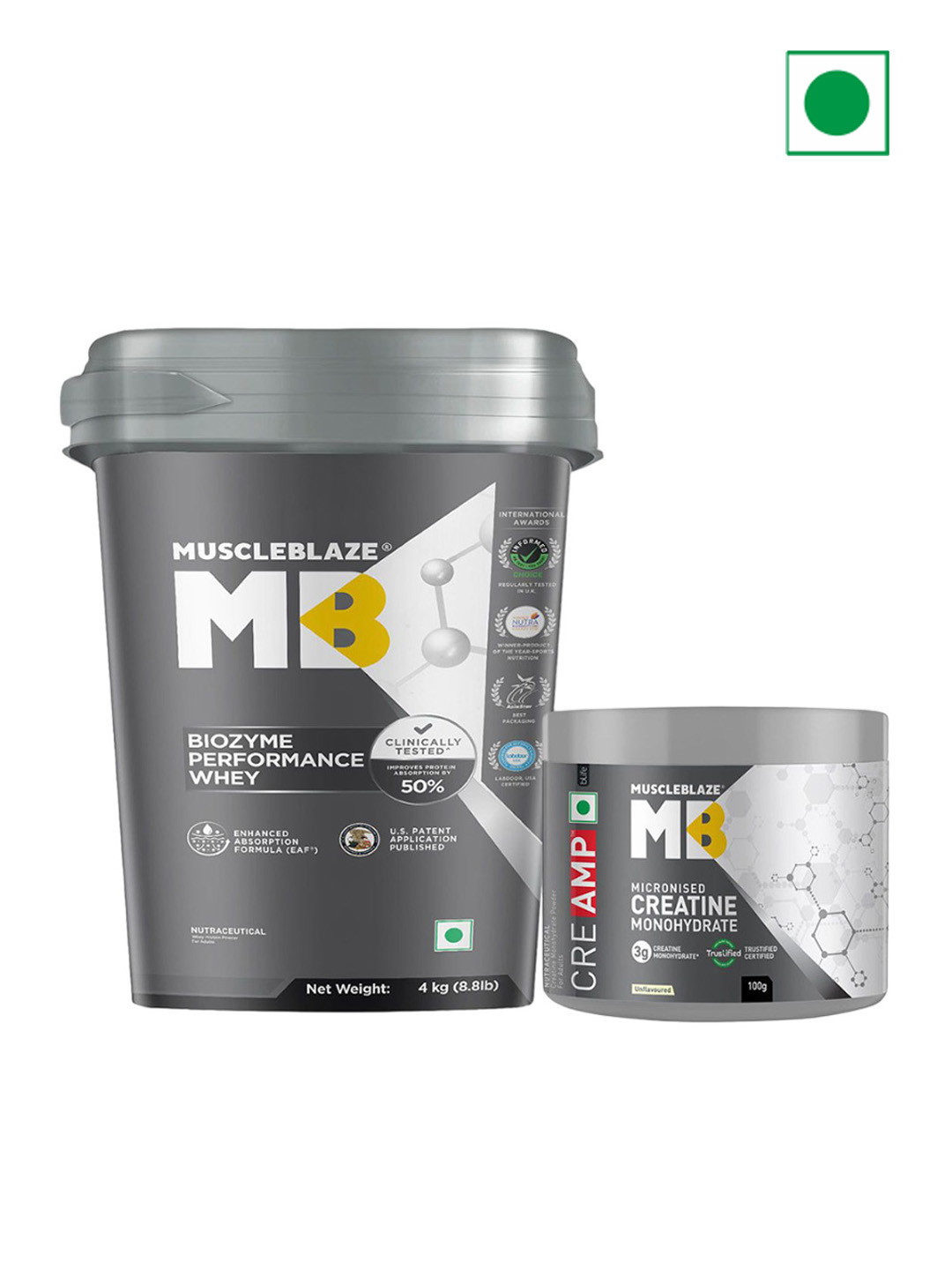 MuscleBlaze Set Of 2 Biozyme Performance Whey Protein - 4 kg & Creatine Monohydrate - 100g
