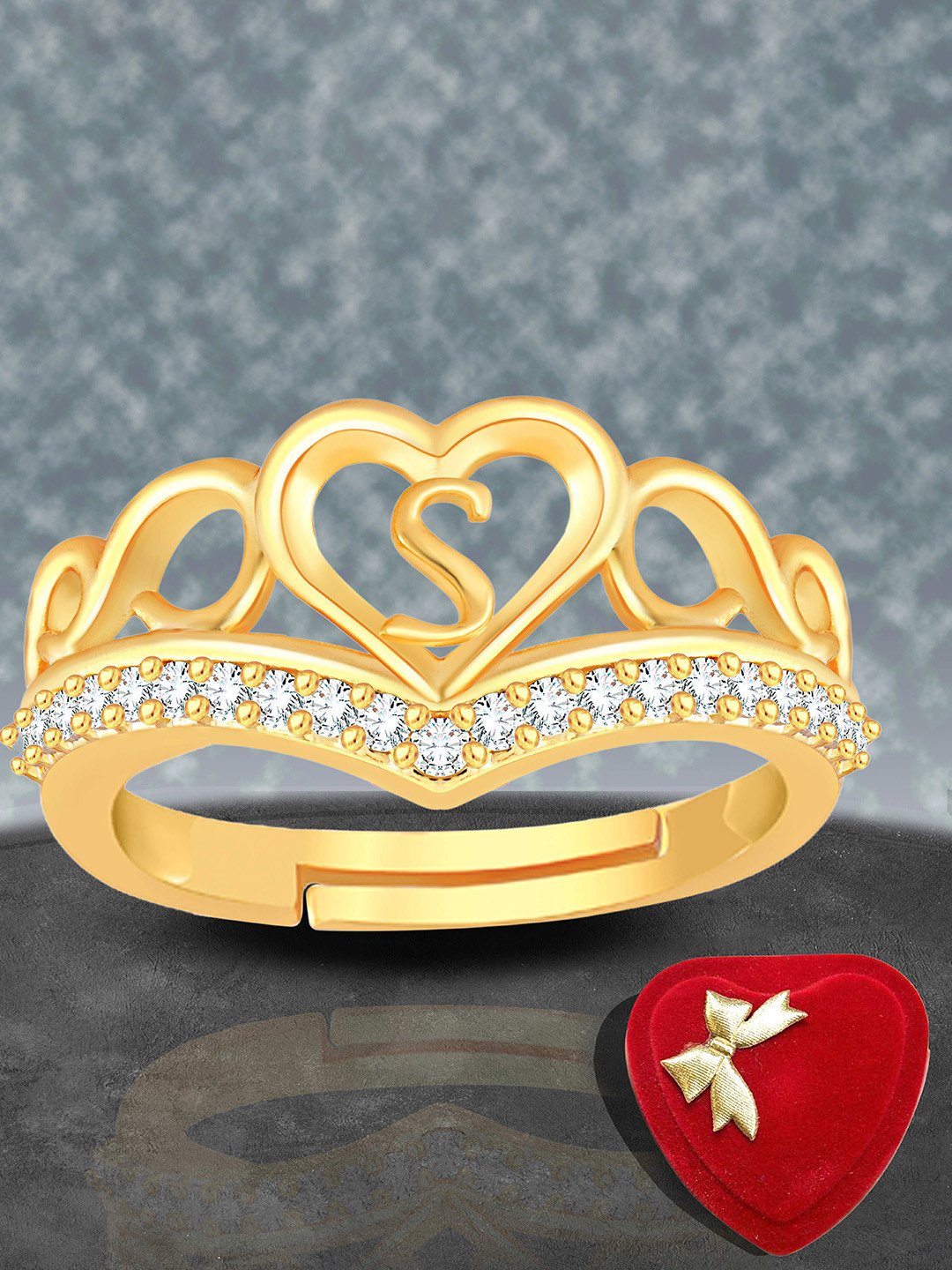 Lila Unisex Gold-Plated American Diamond-Studded Letter S Adjustable Ring