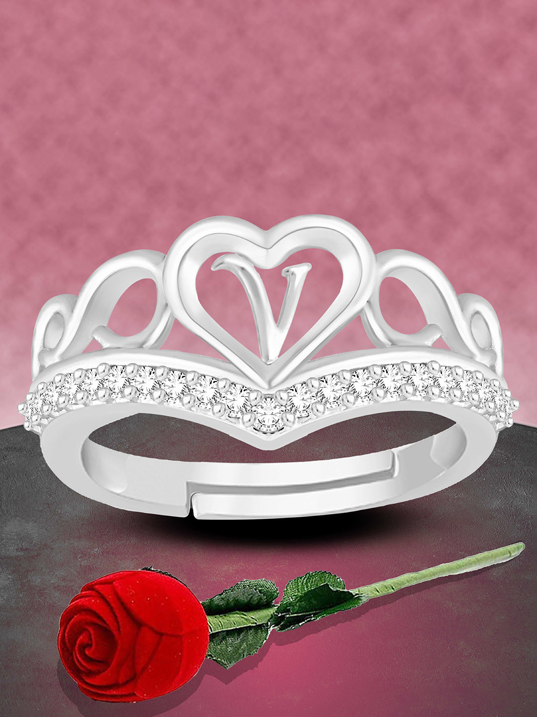 Heer Collection Unisex Silver-Plated AD Studded Alphabet J Heart Shaped Finger Ring