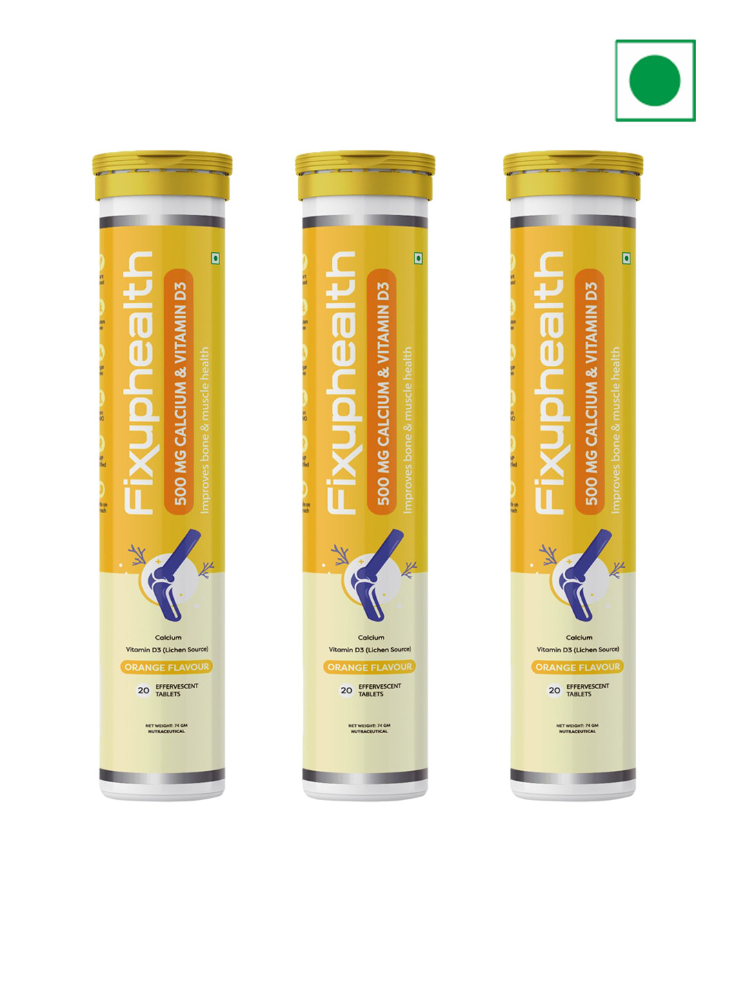 Fixuphealth Set Of 3 Calcium 500 mg & Vitamin D3 Effervescent Tablets - 74 g Each - Orange