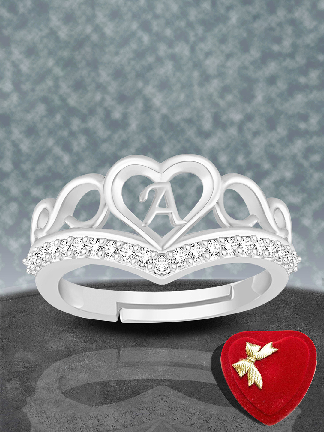 Lila Silver-Plated American Diamond Studded Alphabet A Heart Shaped Finger Ring