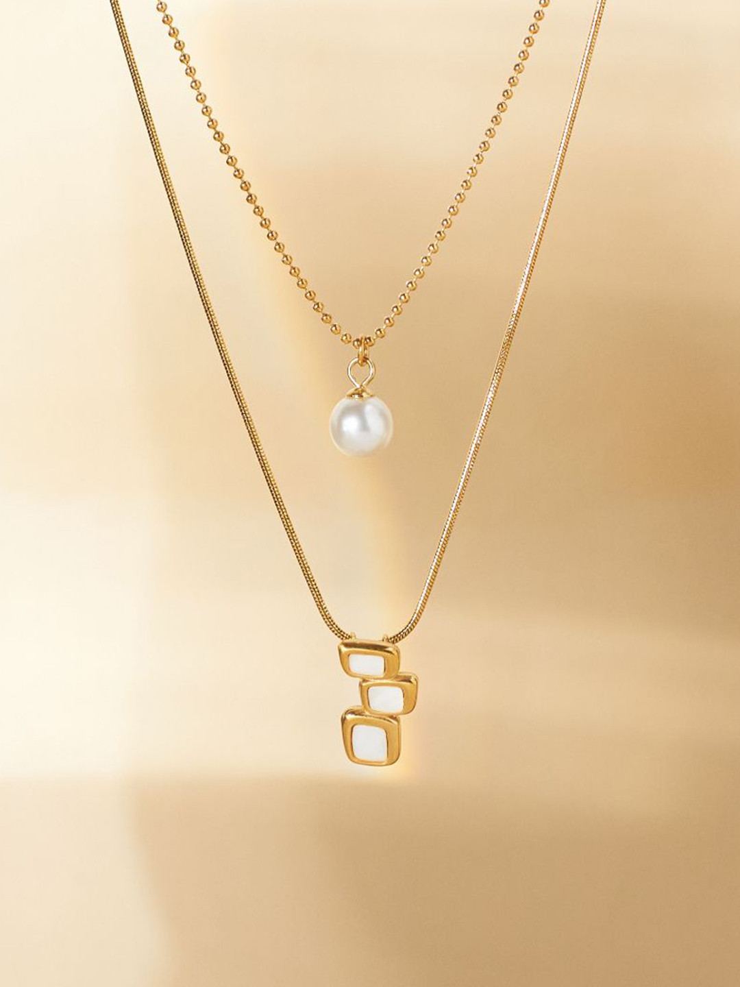 SALTY Stainless Steel Dainty Pearl Drop Layered Necklace