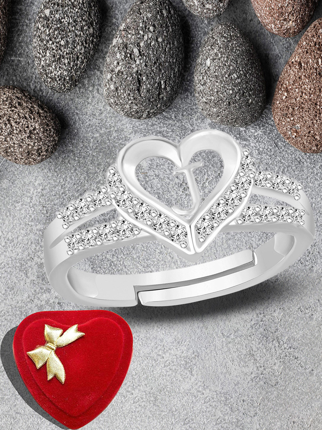 Lila Silver-Plated American Diamond Studded J Alphabet Detail Adjustable Finger Ring