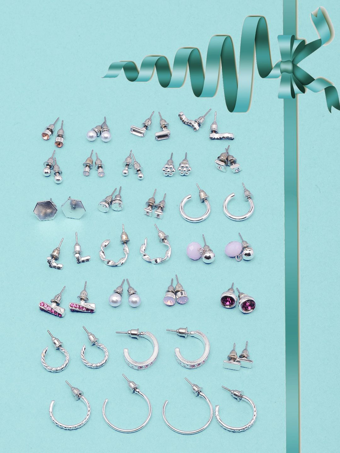 KPOP Set Of 25 Silver-Plated Rhinestone Studded Contemporary Drop Earrings