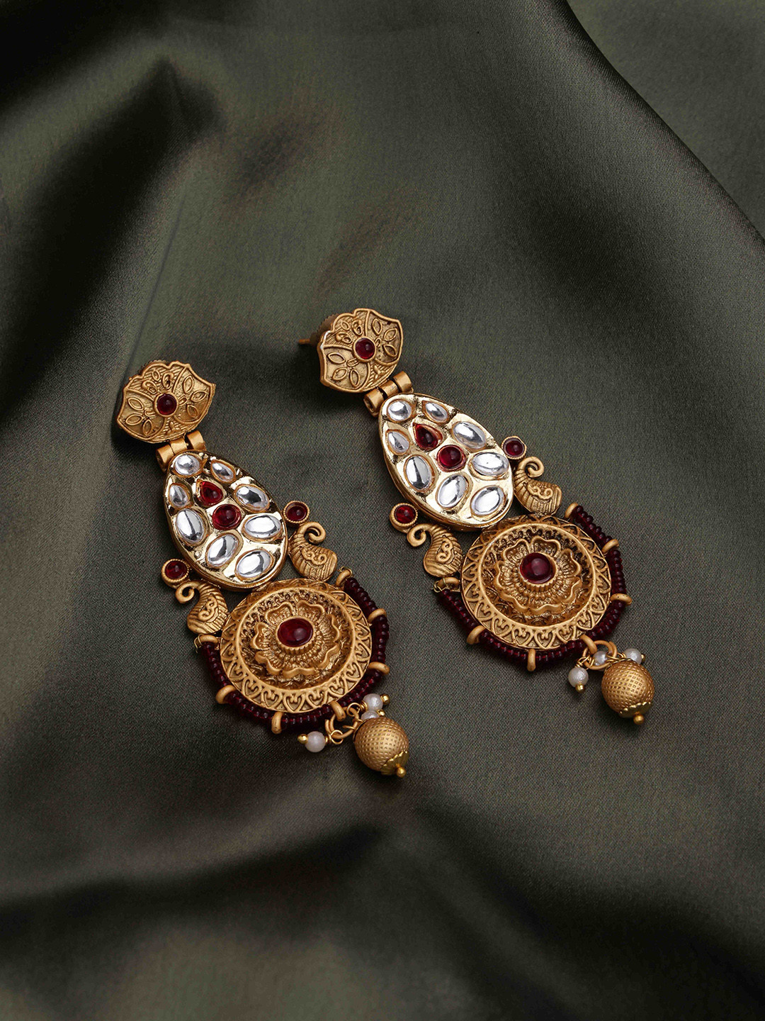 PANASH 22Ct Gold Plated Kundan Studded Floral Shaped Drop Earrings