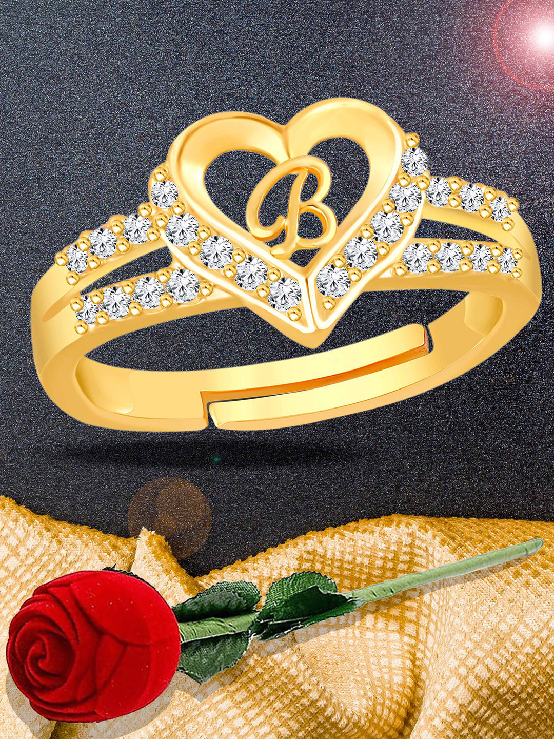 Lila Gold-Plated Heart Shaped American Diamond Studded B Alphabet Adjustable Finger Ring
