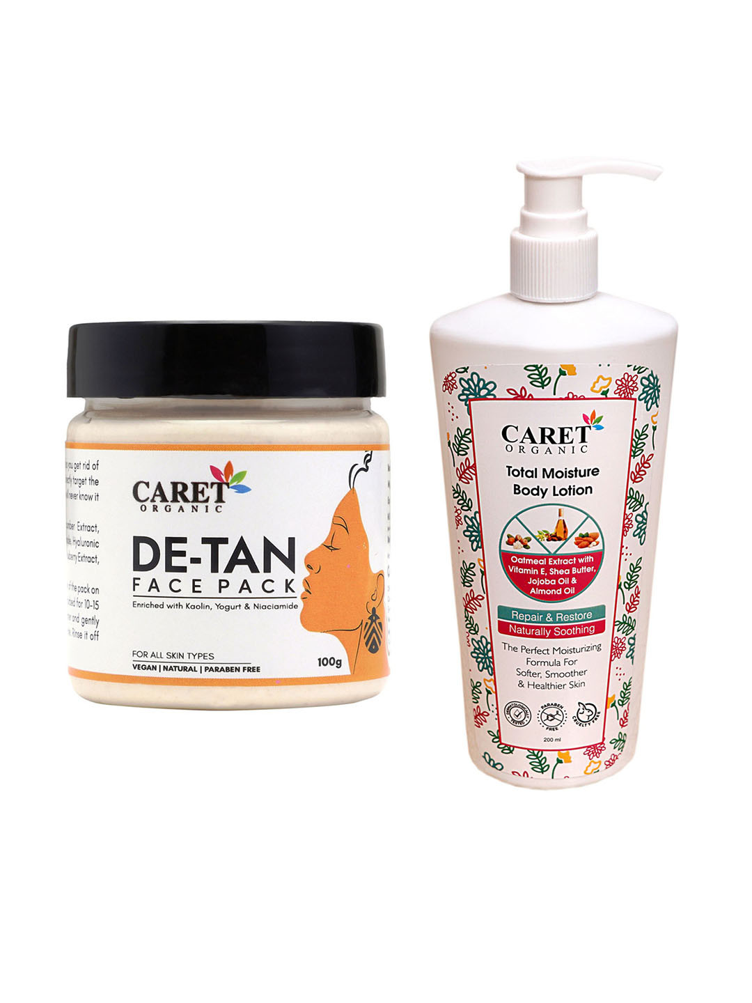 CARET ORGANIC De-Tan Face Pack - 100 g With Total Moisture Body Lotion 300 ml