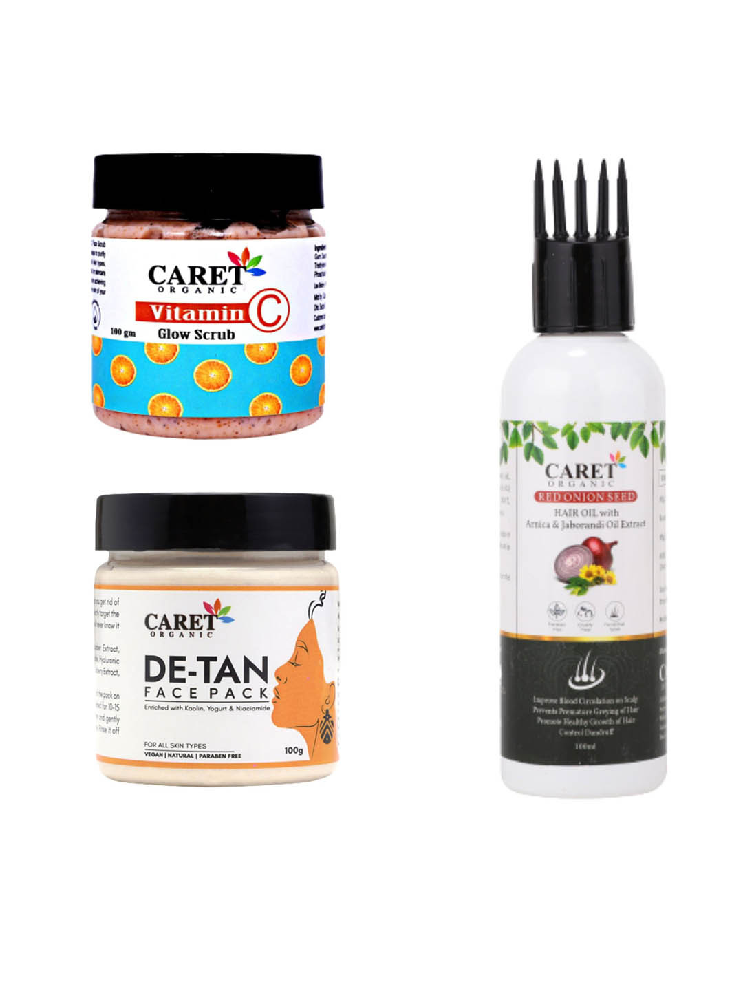 CARET ORGANIC Set Of 3 De-tan Face Pack- Red Onion Seed Hail Oil- Glow Scrub