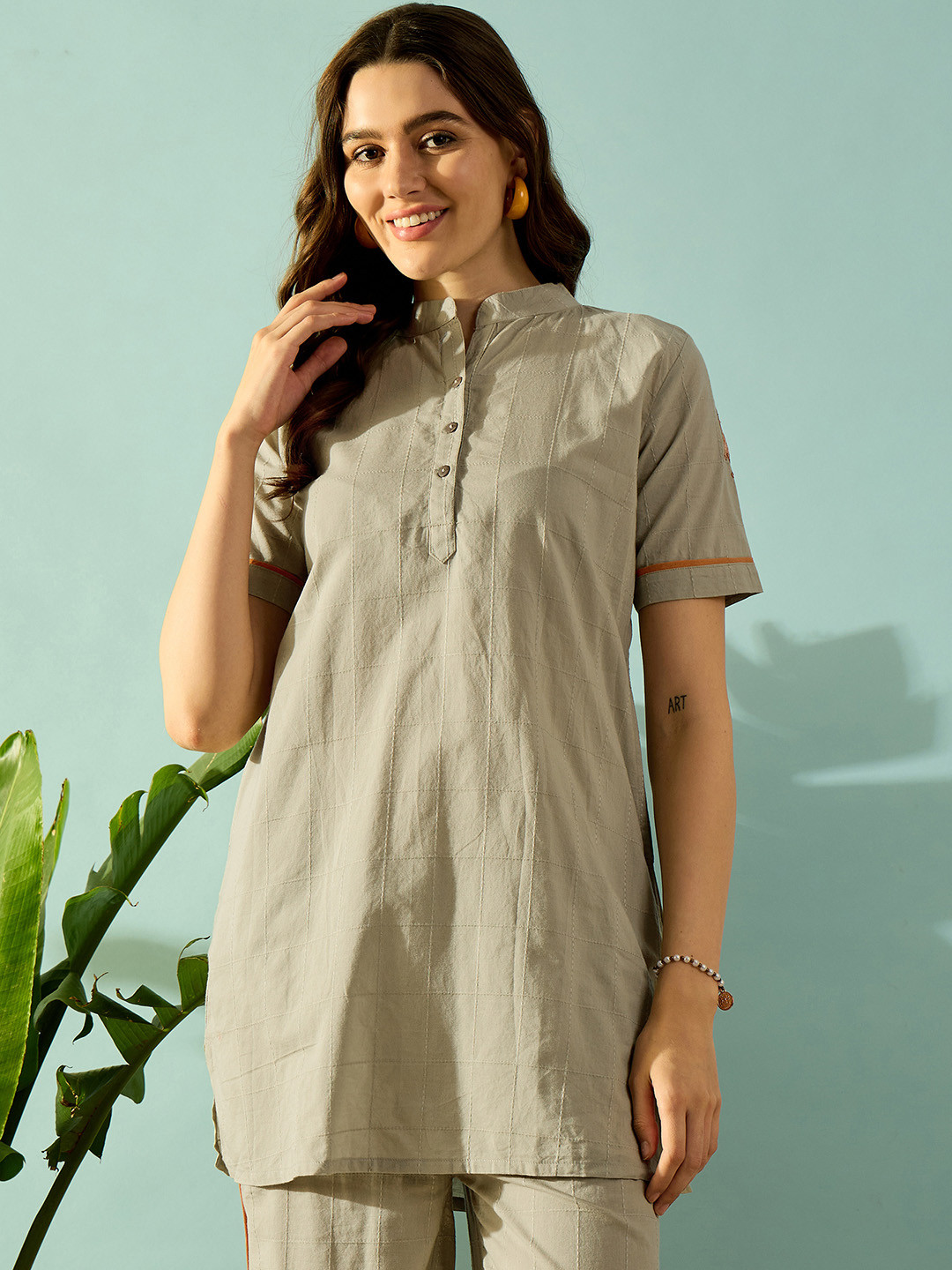 The Kaftan Company Embroidered Pure Cotton Top With Trousers Co-Ords
