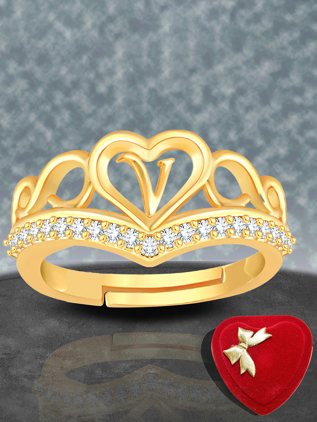 Lila Gold-Plated American Diamond Studded V Alphabet Heart Shaped Adjustable Finger Ring