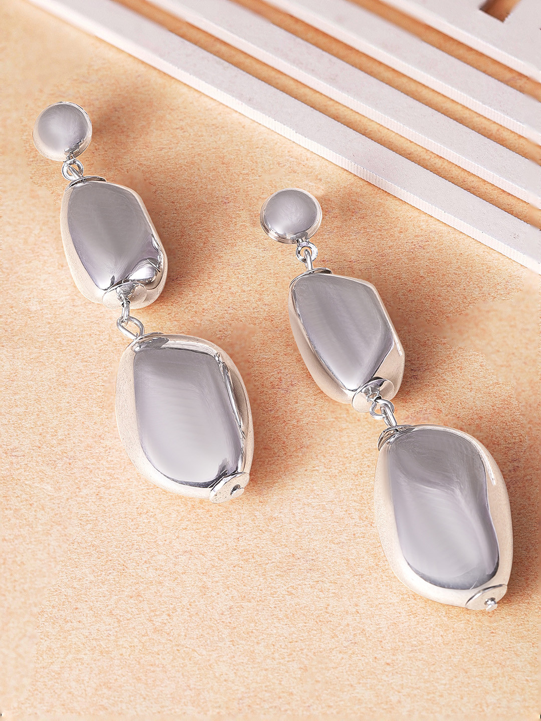 Rubans Silver Plated Dual Drop Bead Earrings with Sleek Contemporary Design