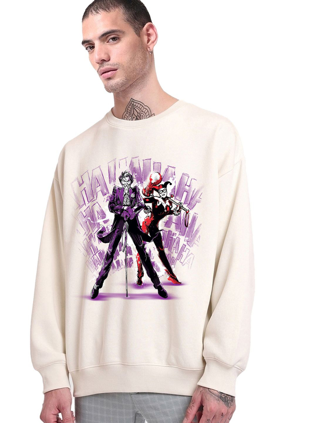 Bewakoof Heavy Duty 1.0 Men Gardenia Maniac Duo Graphic Printed Oversized Sweatshirt