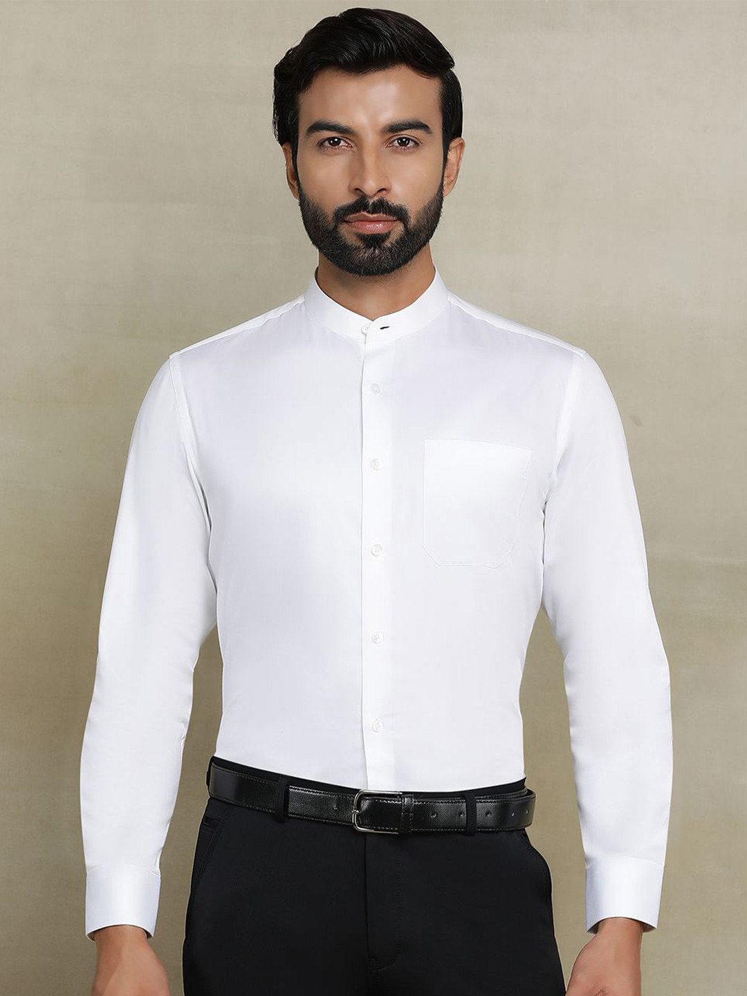 METAL Men Band Collar Solid Cotton Slim Fit Formal Shirt