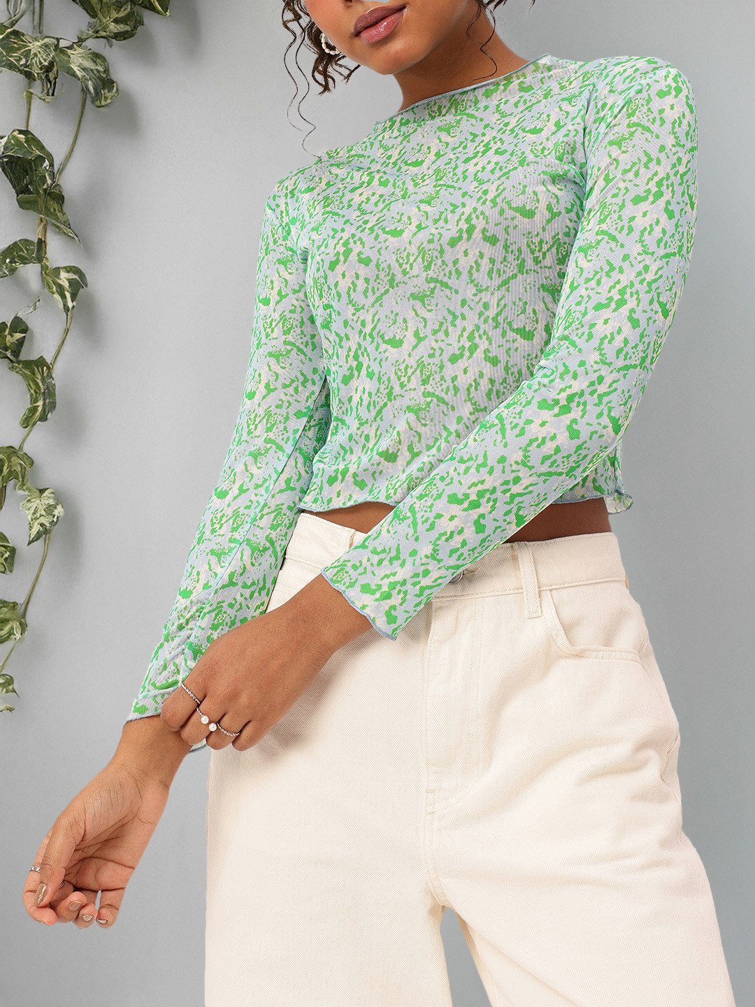 DressBerry Printed Semi Sheer Soft Net Crop Top