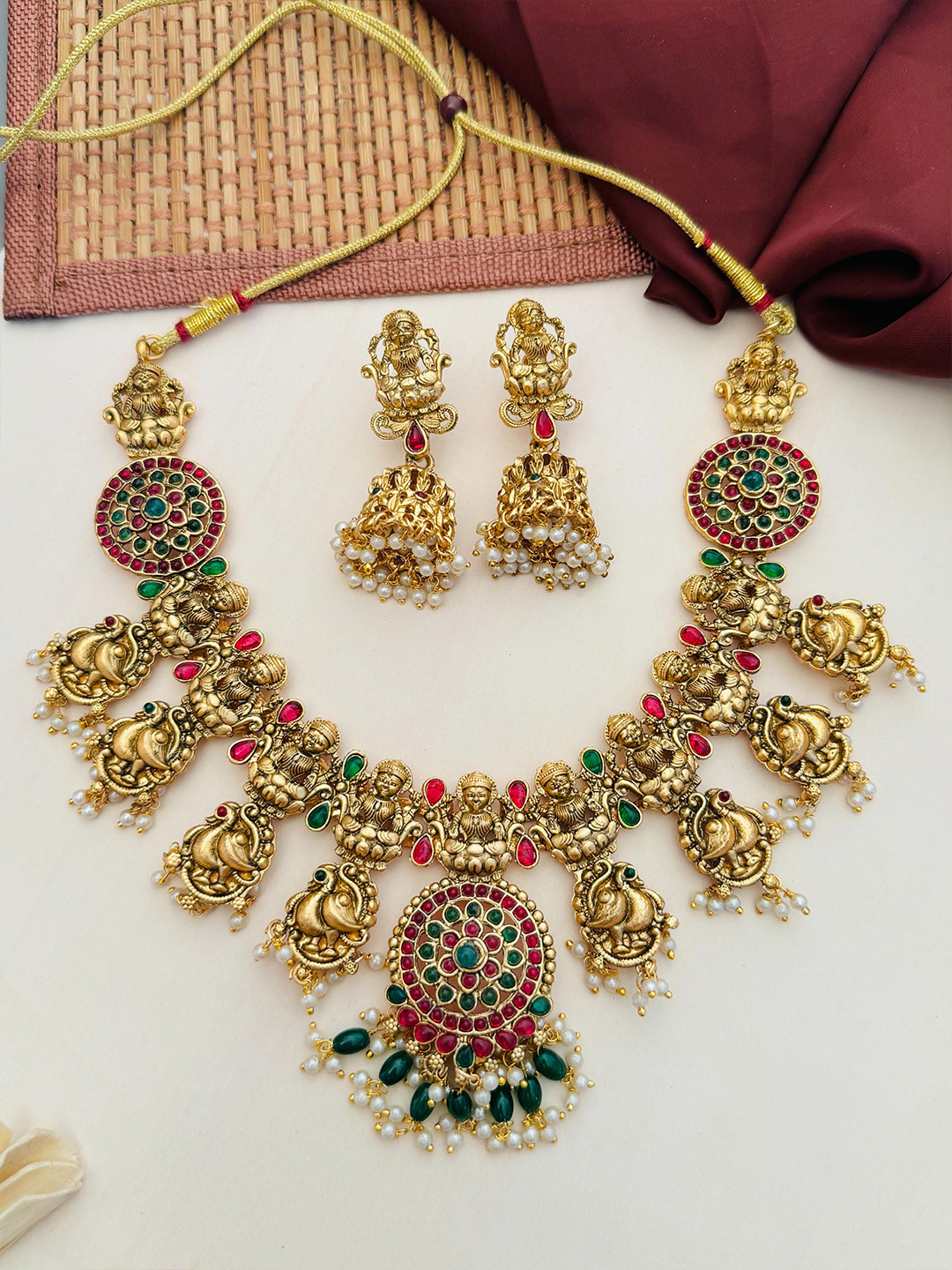 ABDESIGNS Sophisticated Gold-Plated Stone Studded & Beaded Lakshmi God Jewellery Set