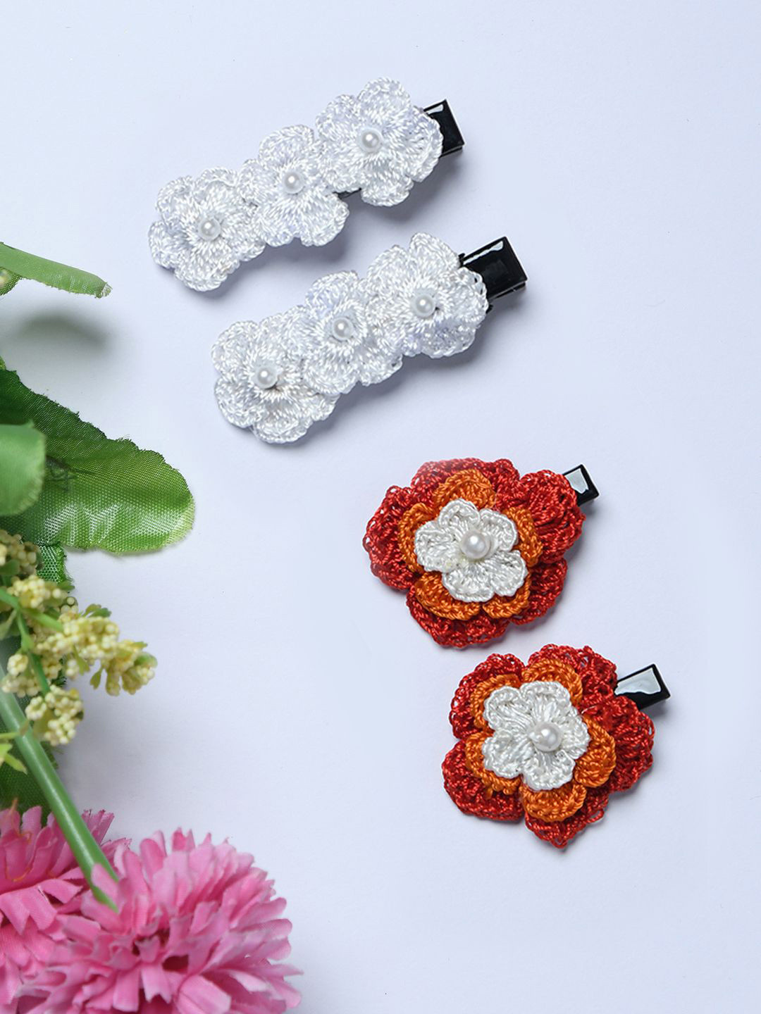 FUNKRAFTS Girls Set of 4 Embellished Floral Crochet Alligator Hair Clips