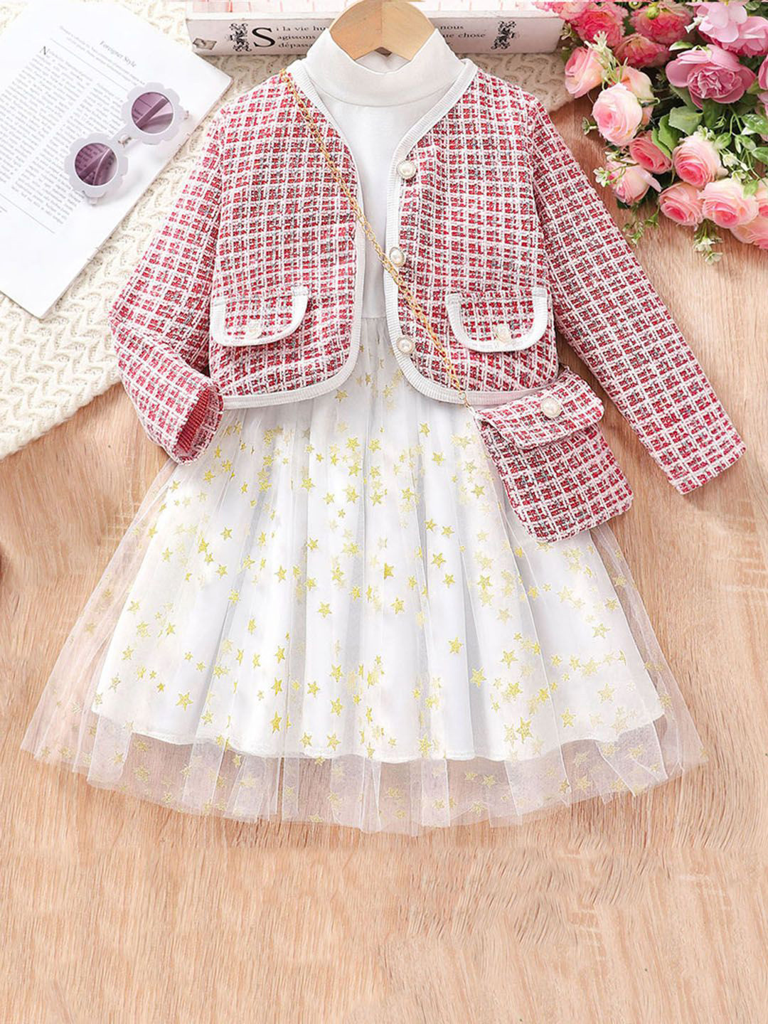 INCLUD GirlsEmbellished Fit & Flare Dress with Printed Jacket