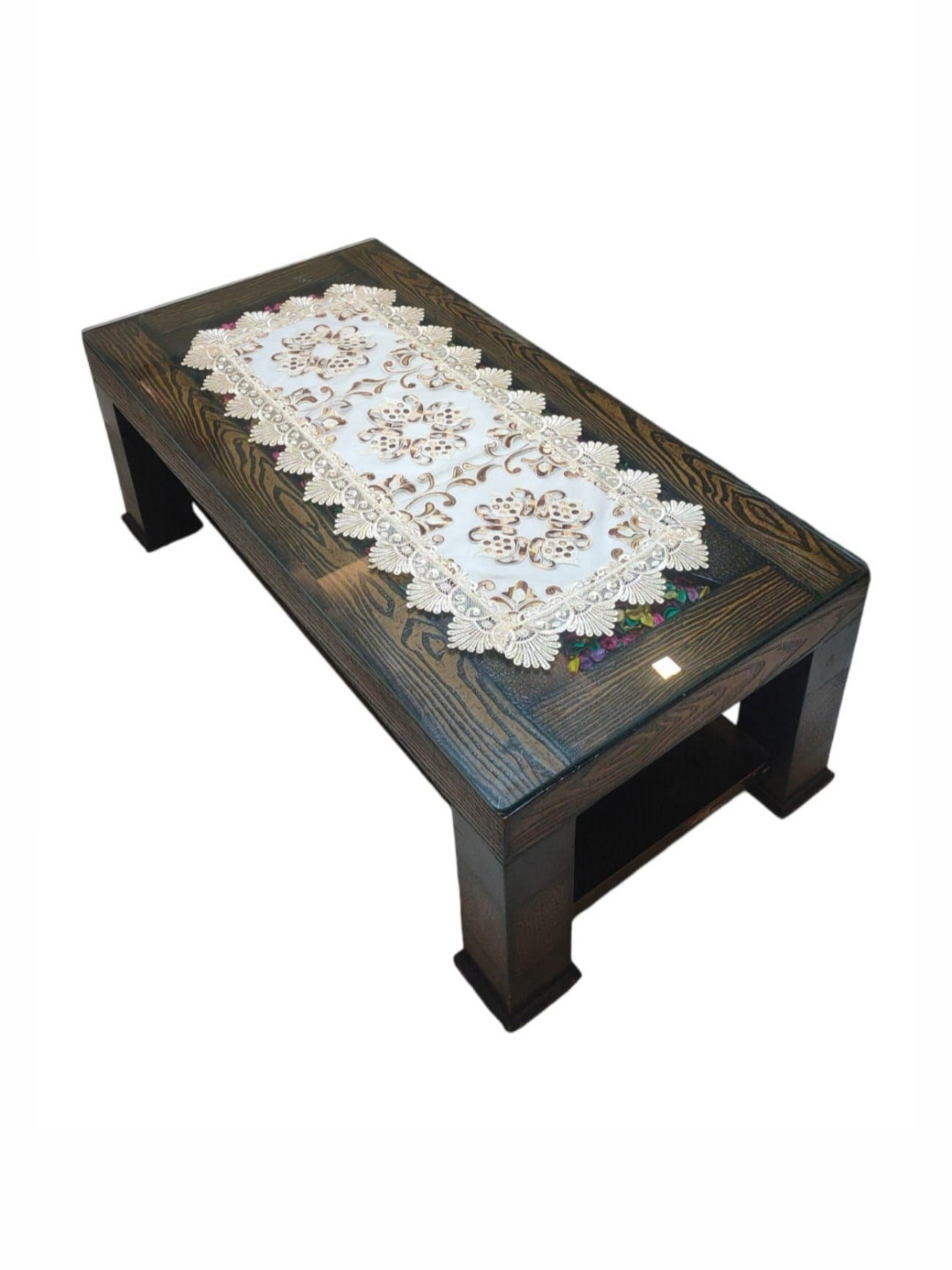 MONKDECOR White & Cream-Color Lace Embroidered Center Table Runner