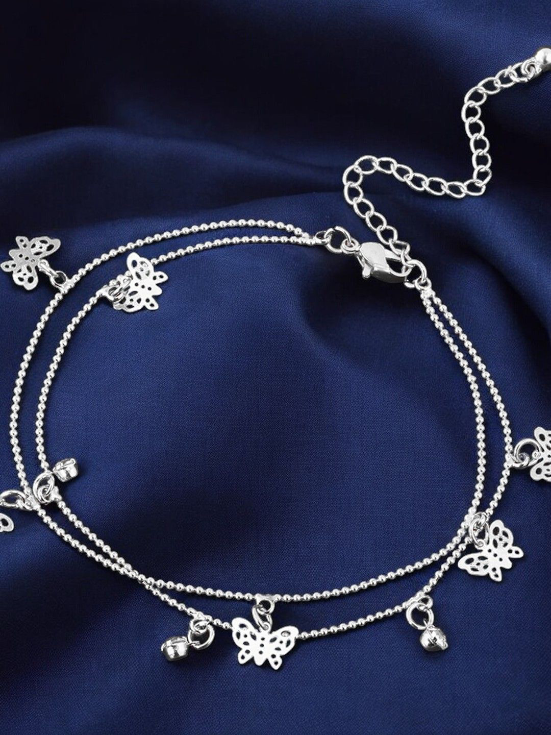 fabula Silver-Plated Butterfly Beaded & Charm Layered Single Anklet