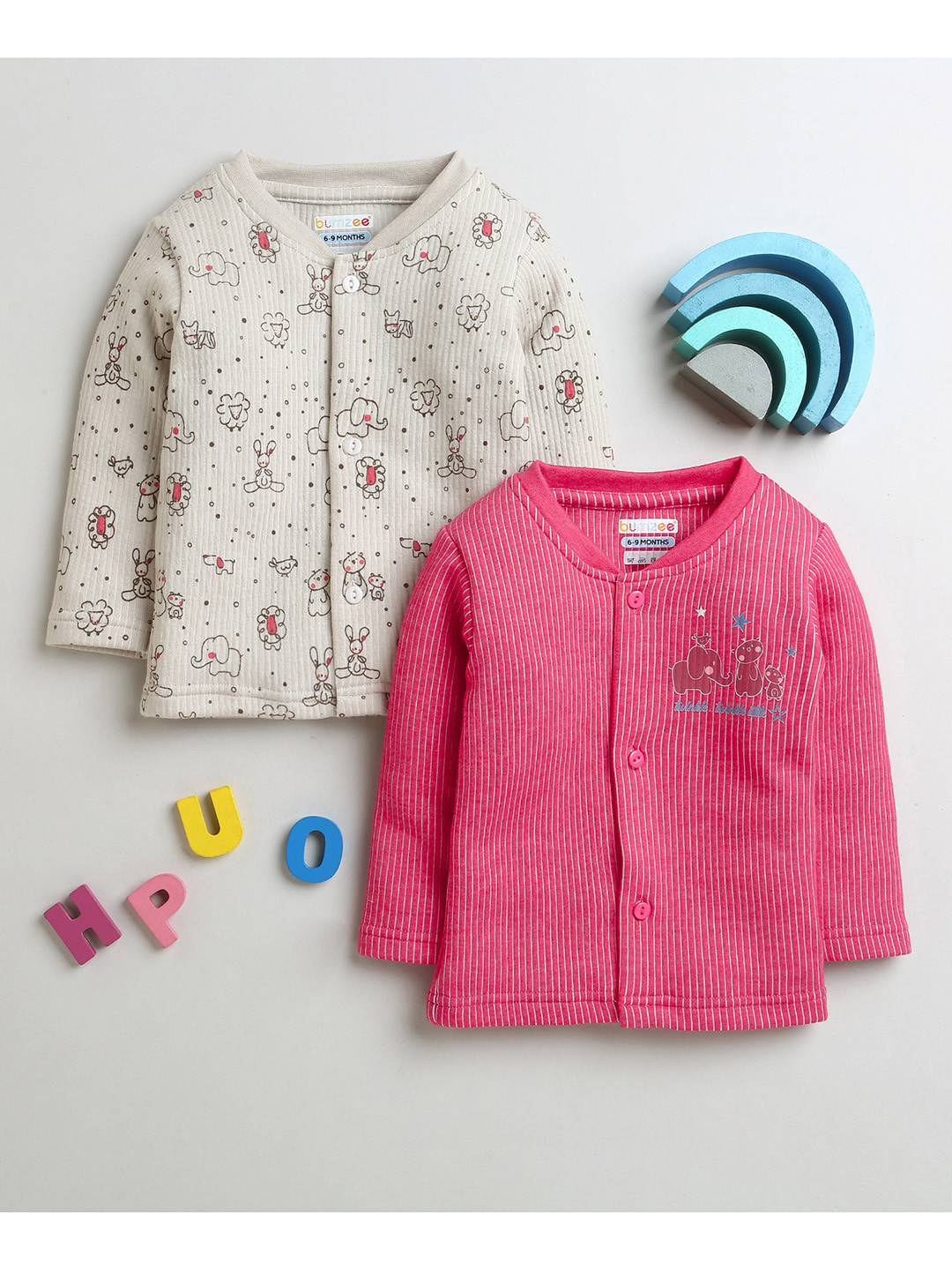 BUMZEE Infants Girls Pack Of 2 Striped Cotton Thermal Tops