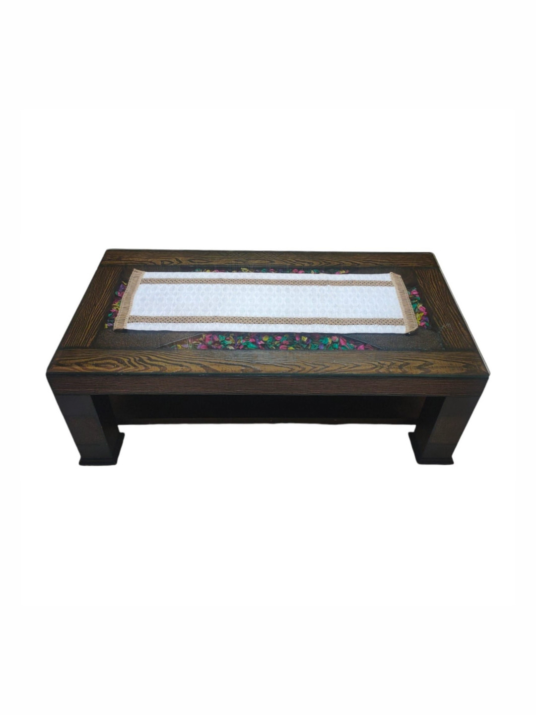 TANLOOMS White & Brown Striped Self Design Jute Centre Table Runner