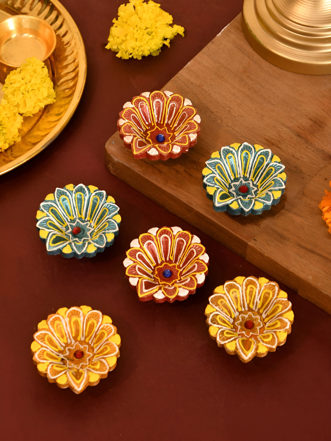Aapno Rajasthan Yellow & Blue 6 Pieces Floral Printed Terracotta Diwali Diyas
