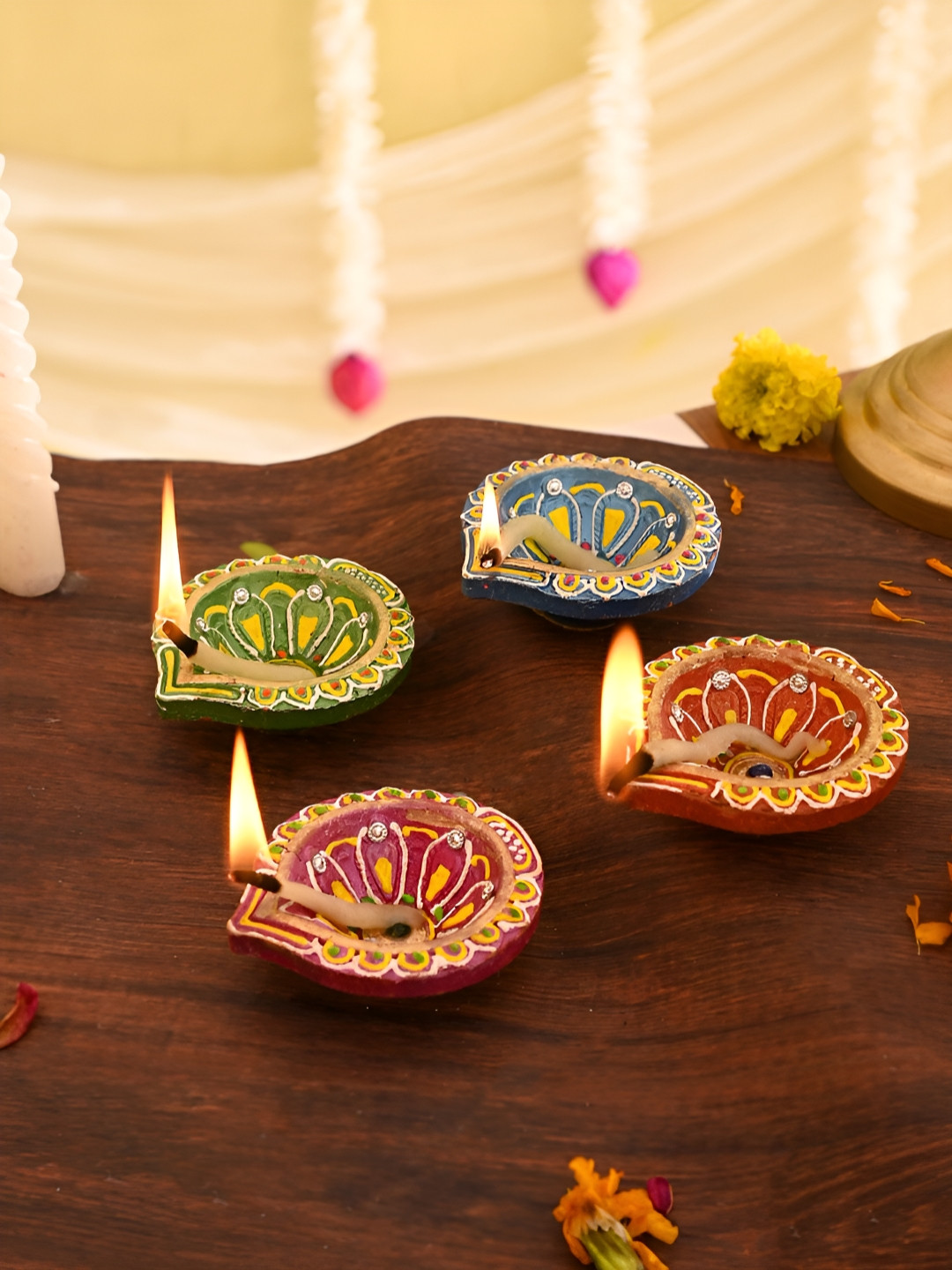 Aura Green & Blue 4 Pieces Floral Printed Terracotta Diwali Diya