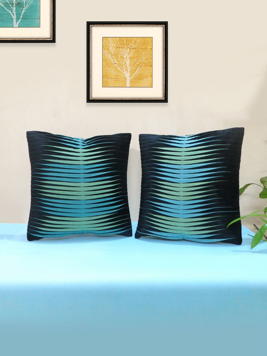 Mid July Home Black & Blue 2 Pieces Self Design Velvet Square Cushion Covers