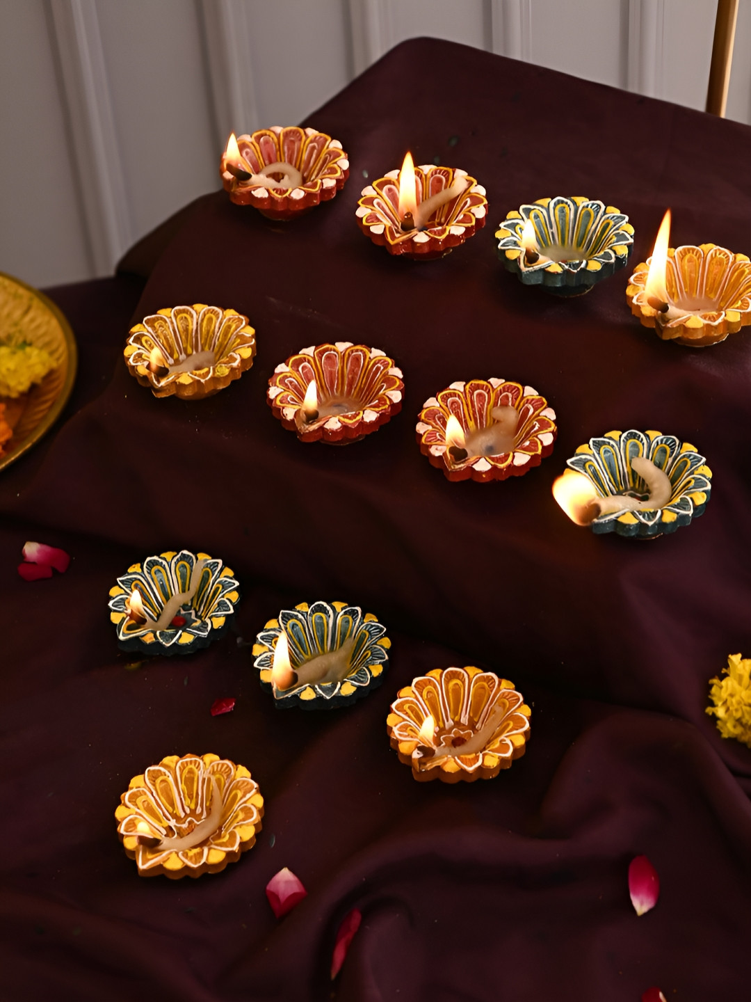 Aura 12 Pcs Green & Yellow 12 Pieces Printed Terracotta Wax Diyas