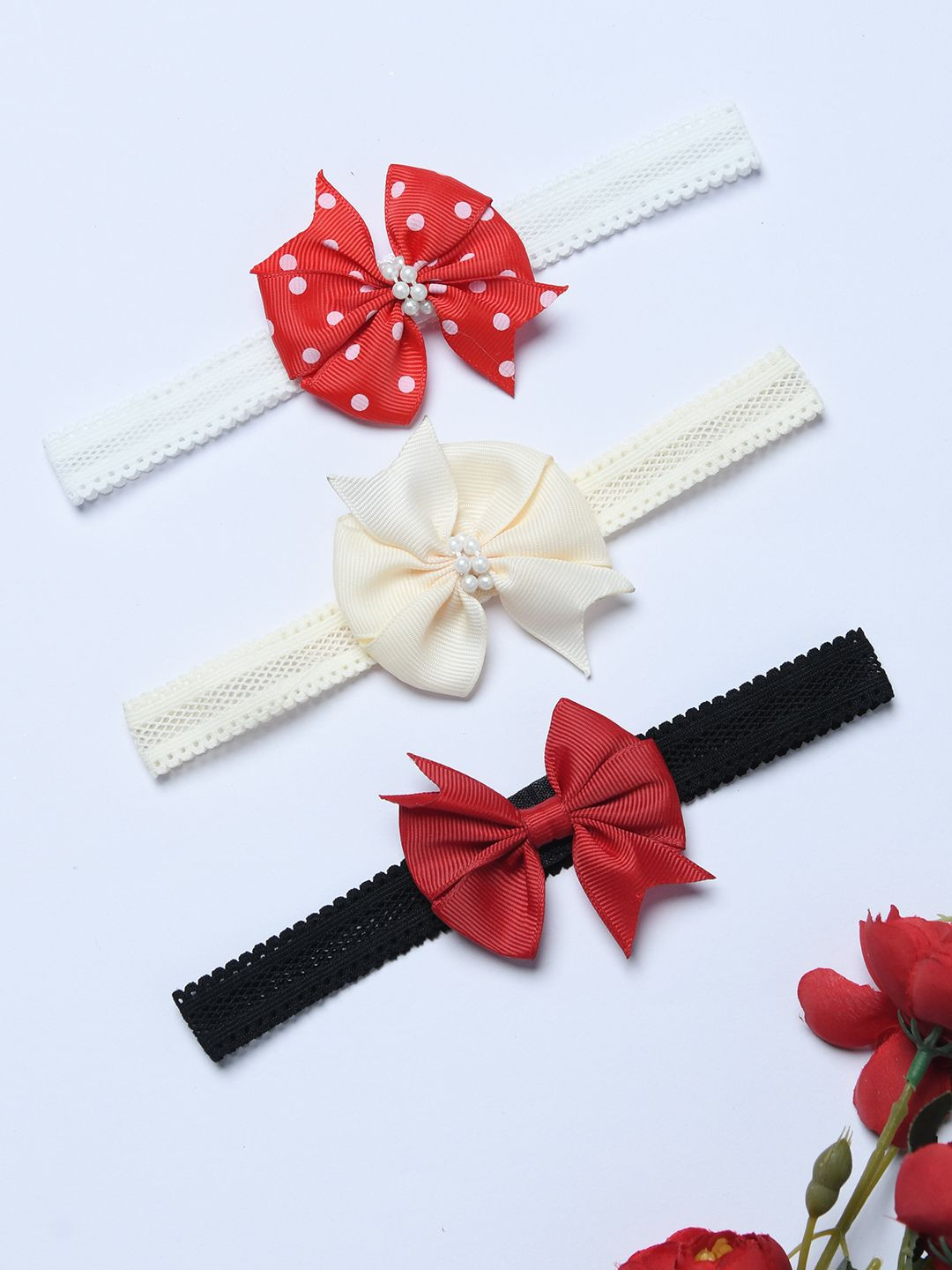 FUNKRAFTS Girls Set of 3 Polka Ribbon Bow Embellished Hairbands