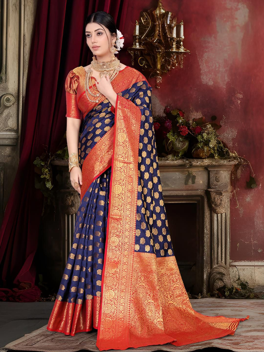 JAY FASHION Ethnic Motifs Zari Silk Blend Traditional Banarasi Sarees