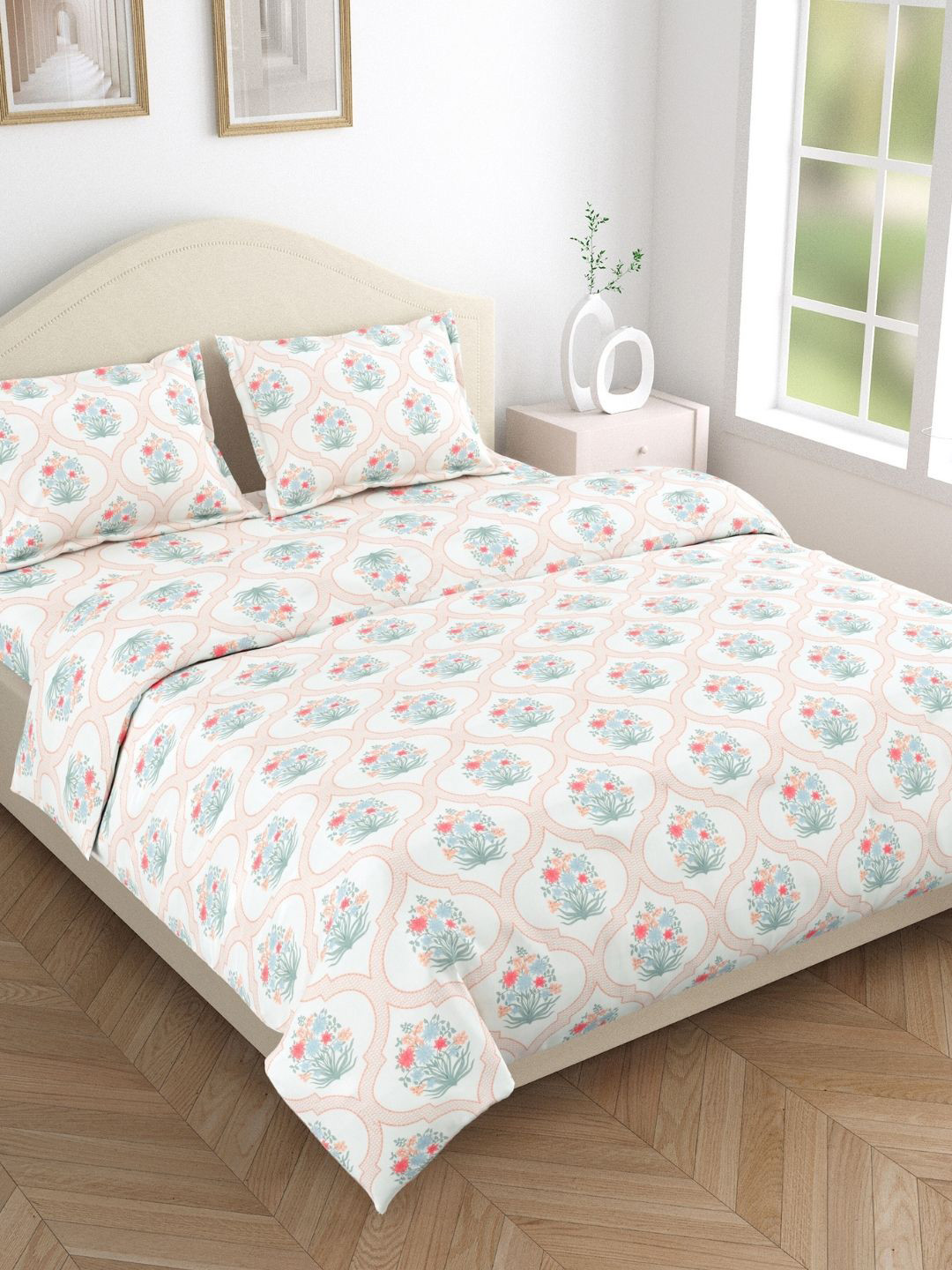 haus & kinder Terracotta Trellis White Floral Printed 186TC Pure Cotton Queen Bedsheet Set