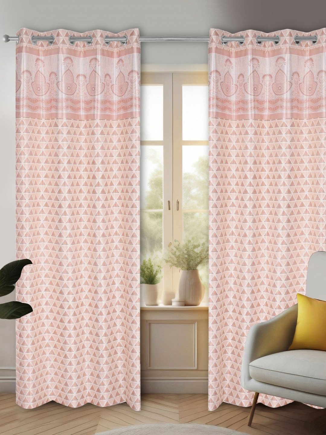REYANSH DECOR Peach-Coloured & White 2 Pieces Floral Room Darkening Long Door Curtains