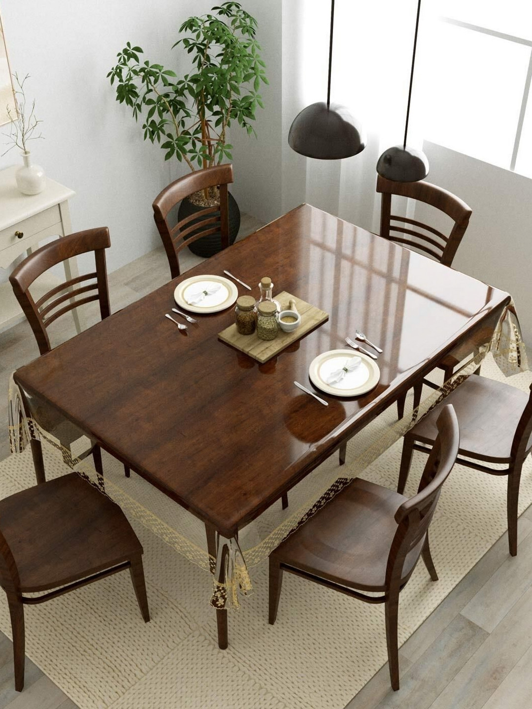 LooMantha Transparent and GoldToned 6-Seater Table Cover