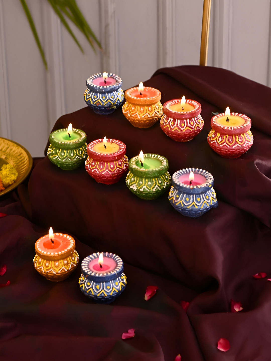 Aura Blue & Green 8 Pieces Printed Matki Candle Diya