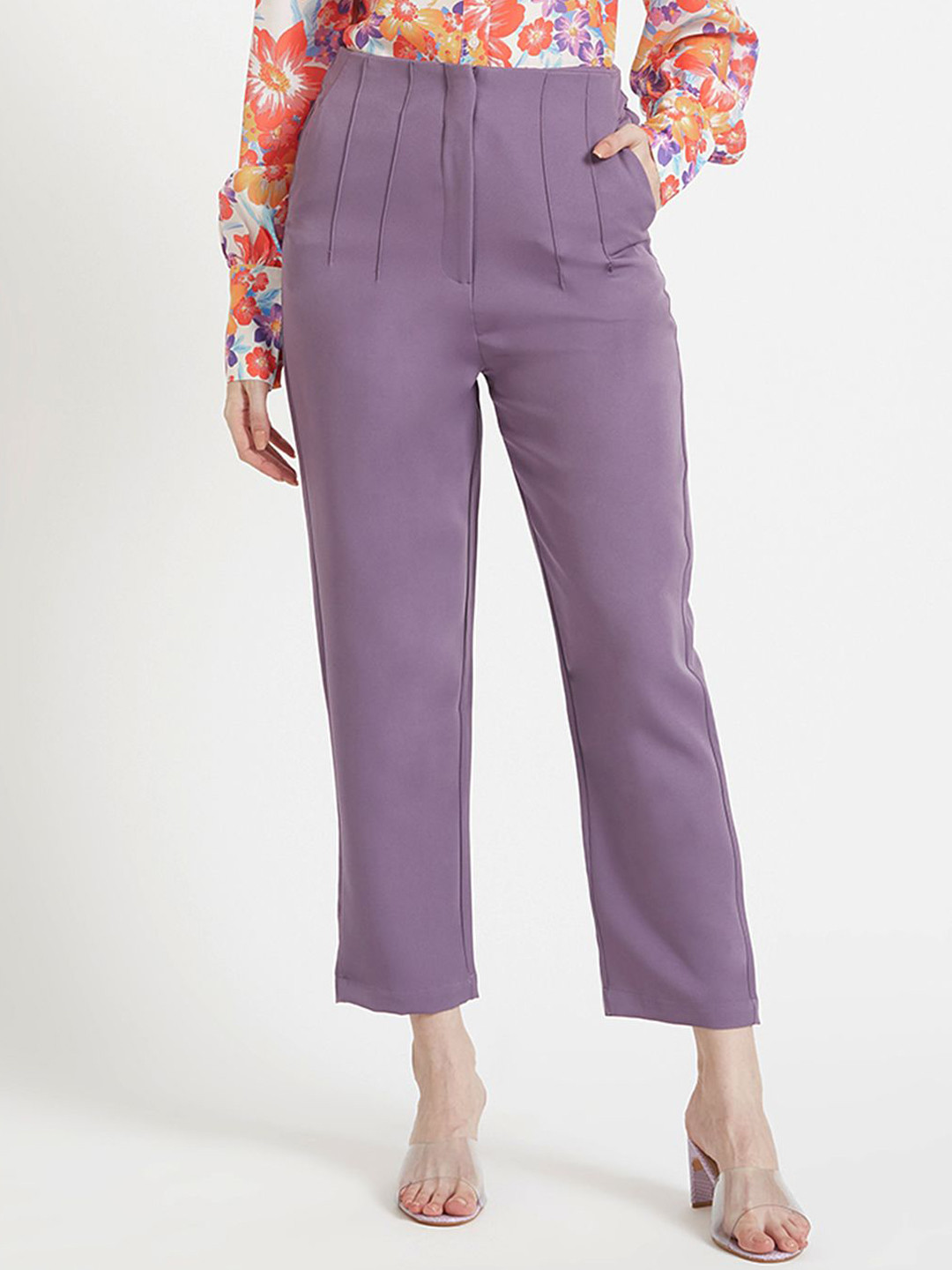 AMSWAN Women Smart Skinny Fit High-Rise Pleated Trousers