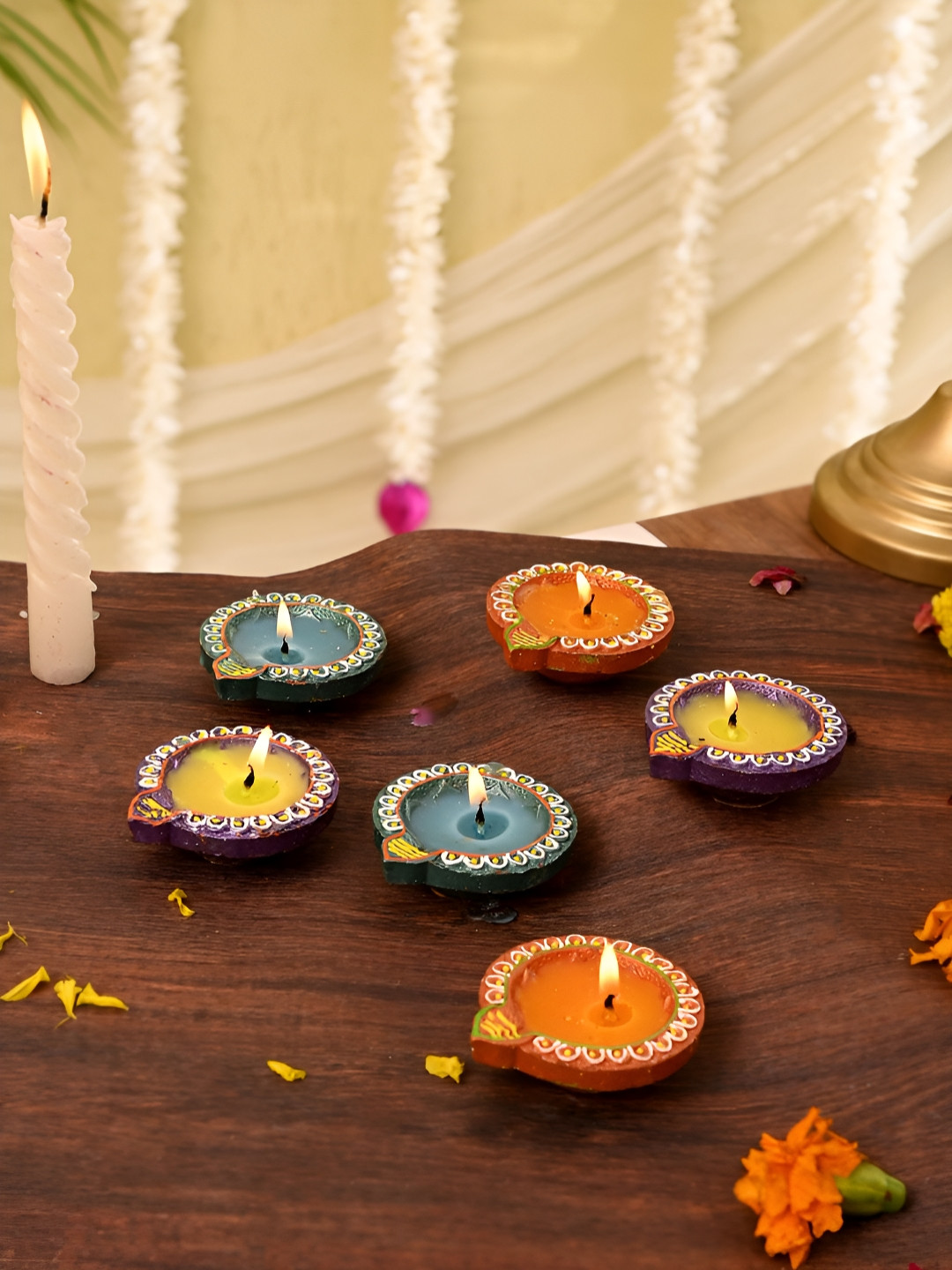 Aapno Rajasthan Blue & Purple 6 Pieces Terracotta Diwali Wax Diyas